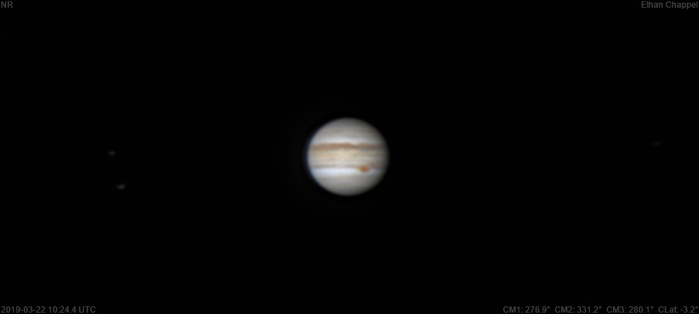 The South Equatorial Belt to the west of the Great Red Spot is split by a white zone.