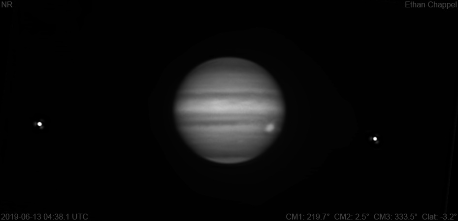 The South Equatorial Belt is split by a zone, which angles down towards the Great Red Spot.