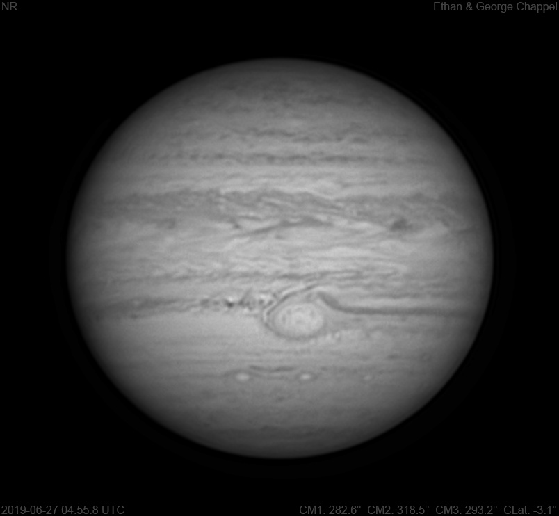 The northern edge of the GRS appears to be touching the small storm embedded in the GRS hollow, which is not the case in the RGB image.